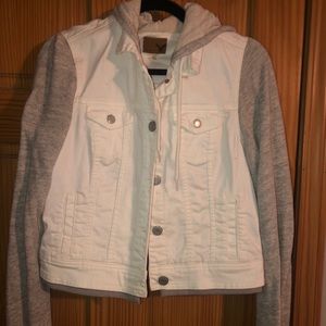American Eagle white and grey hooded jean jacket